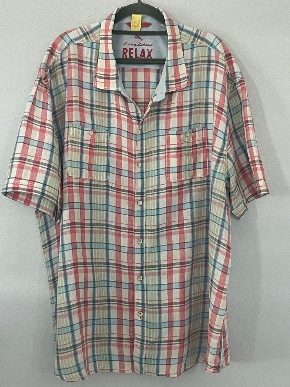 Tommy Bahama Relax 3XLT Tall Linen Cotton Plaid Button Front Camp Shirt